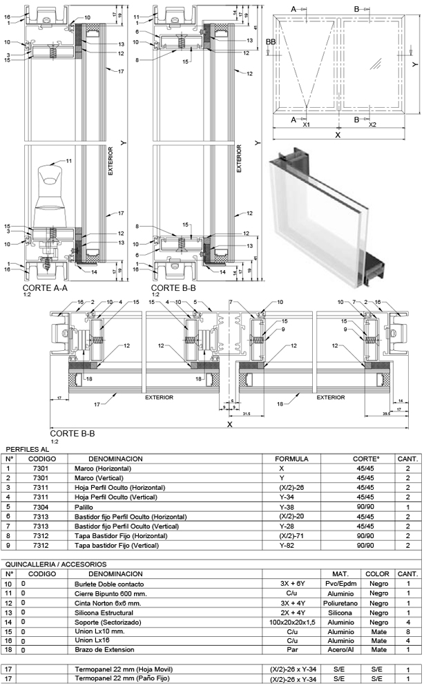 Superior 73 Ventanas de proyección, paños fijos y puertas